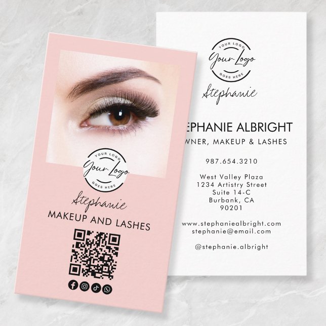 Blush Pink Script Logo QR Code Photo Lashes Studio Visitkort (Skapare uppladdad)