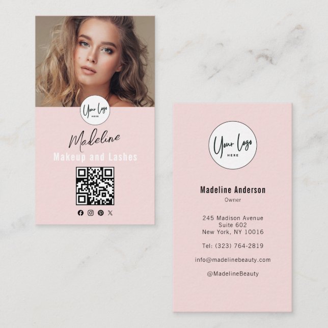 Blush Pink Script Logo QR Code Photo Lashes Studio Visitkort (Fram/baksida)