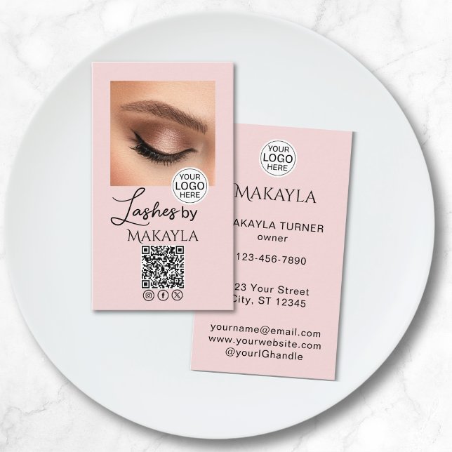 Blush Pink Script Logo QR Code Photo Lashes Visitkort (Skapare uppladdad)