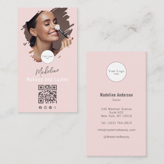 Blush Pink Script Logo QR Code Photo Makeup Visitkort (Fram/baksida)