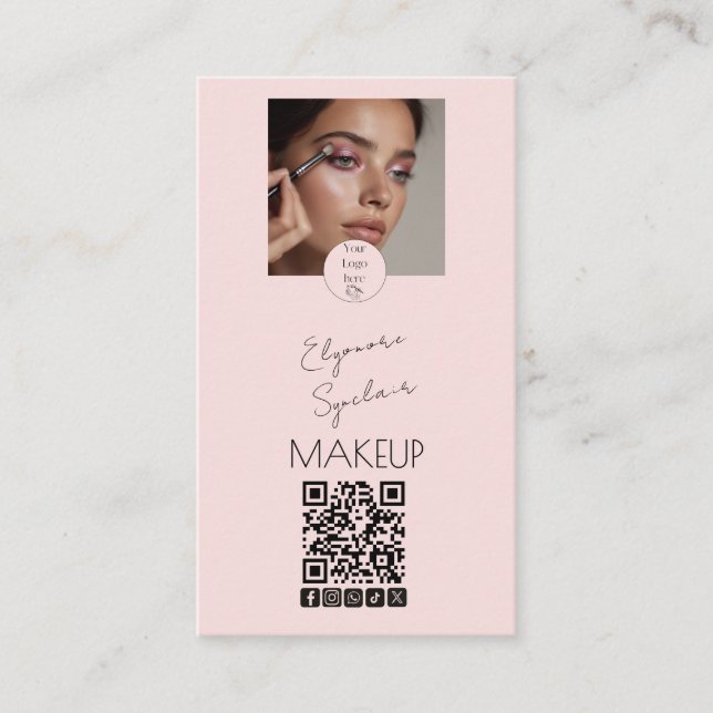 Blush Pink Script Logo QR Code Photo Makeup Visitkort (Framsida)