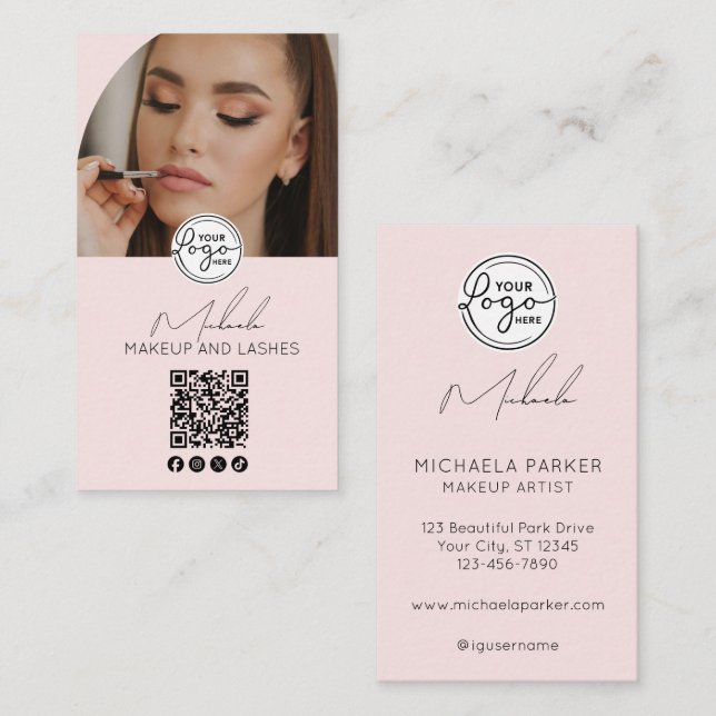 Blush Pink Script Logo QR Code Photo Makeup Visitkort (Fram/baksida)