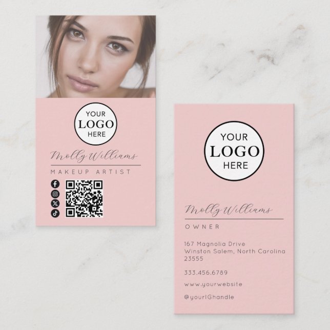 Blush Pink Script Logo QR Code Photo Makeup Visitkort (Fram/baksida)
