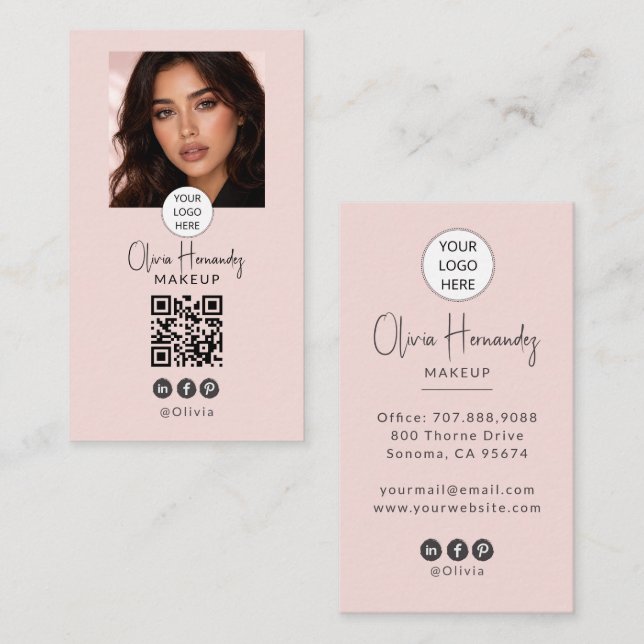 Blush Pink Script Logo QR Code Photo Makeup Visitkort (Fram/baksida)