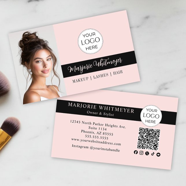 Blush Pink Script Logo QR Code Photo Makeup Visitkort (modern black blush pink script photo makeup business card add your logo qr code social media icons)
