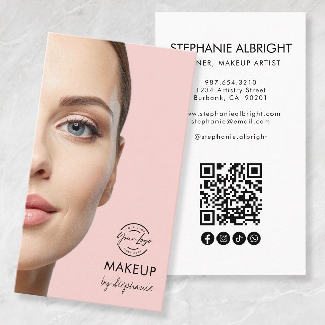 Blush Pink Script Logo QR Code Photo Makeup Visitkort (Skapare uppladdad)