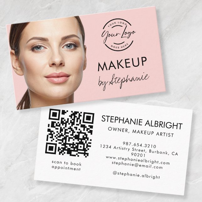 Blush Pink Script Logo QR Code Photo Makeup Visitkort (Skapare uppladdad)