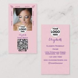 Blush Pink Script Logo QR Code Photo Makeup Visitkort
