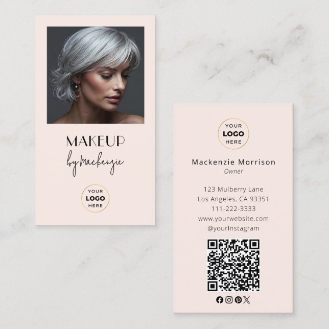 Blush Pink Script Logo QR Code Photo Makeup Visitkort (Fram/baksida)