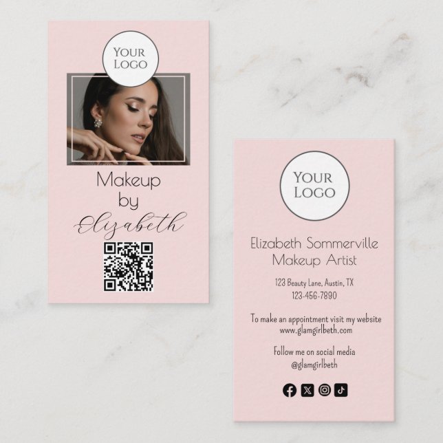 Blush Pink Script Logo QR Code Photo Makeup Visitkort (Fram/baksida)