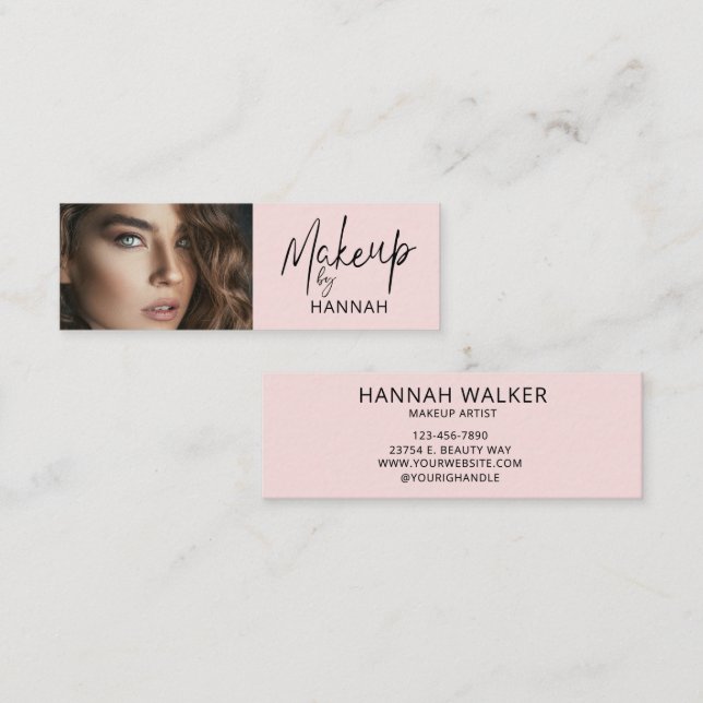 Blush Pink Script Photo Makeup Mini Visitkort (Fram/baksida)