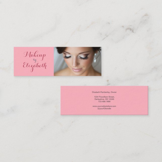 Blush Pink Script Photo Makeup Mini Visitkort (Fram/baksida)