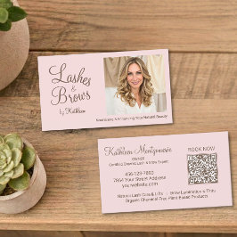 Blush Pink Script Photo QR Code Lashes and Brows Visitkort