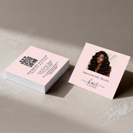 Blush Pink Script Photo QR Social Hair Extension Fyrkantigt Visitkort