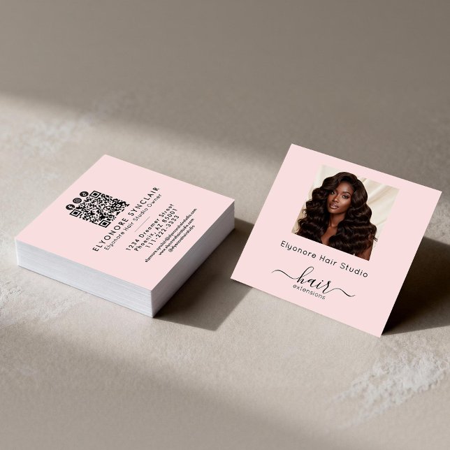 Blush Pink Script Photo QR Social Hair Extension Fyrkantigt Visitkort (Skapare uppladdad)