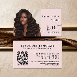Blush Pink Script Photo QR Social Hair Extension Visitkort