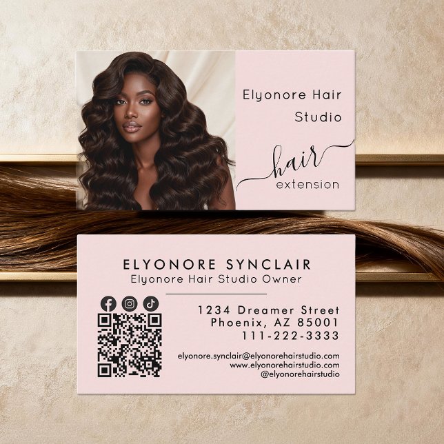 Blush Pink Script Photo QR Social Hair Extension Visitkort (Skapare uppladdad)