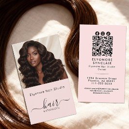 Blush Pink Script Photo QR Social Hair Extension Visitkort