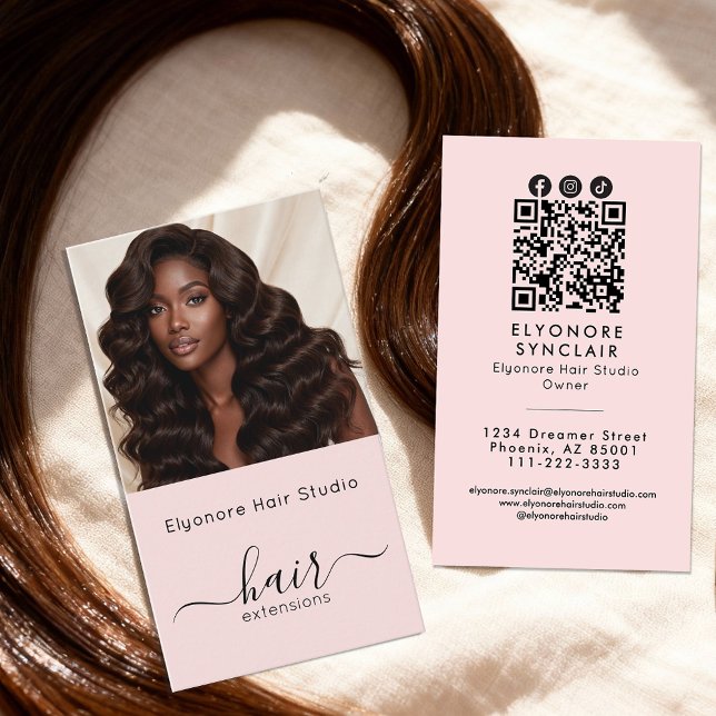 Blush Pink Script Photo QR Social Hair Extension Visitkort (Skapare uppladdad)