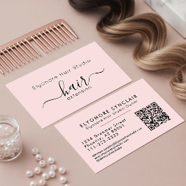 Blush Pink Script QR Code Hair Extension Visitkort