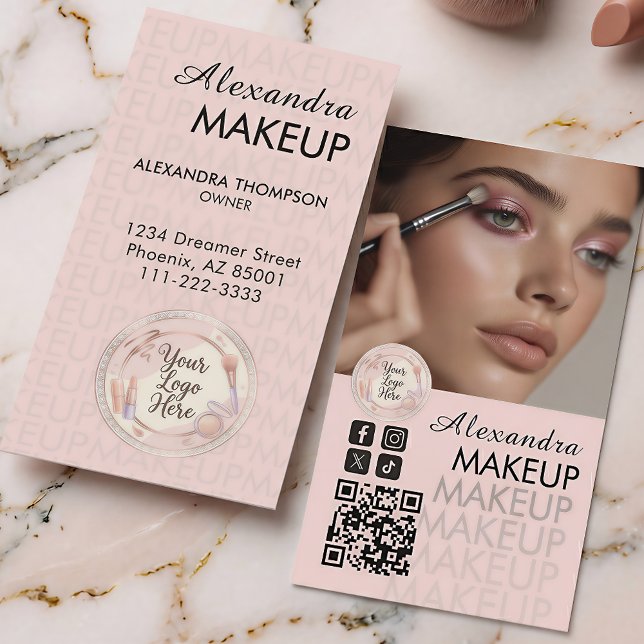 Blush Pink Script QR Code Photo Makeup Visitkort (Skapare uppladdad)