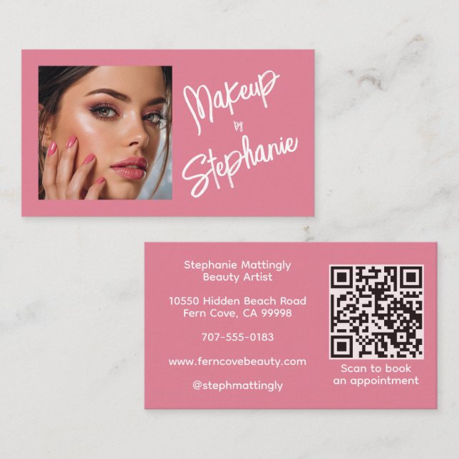 Blush Pink Script QR Code Photo Makeup Visitkort (Fram/baksida)