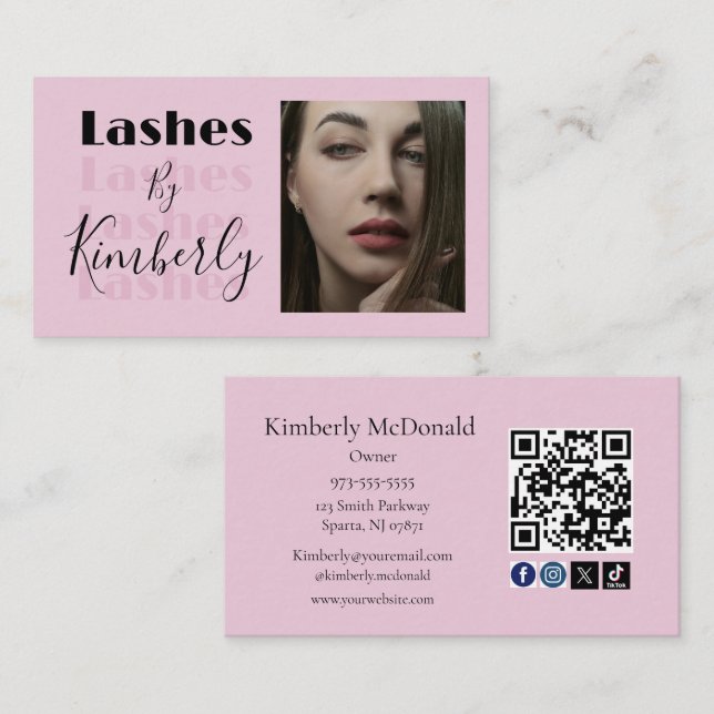 Blush Pink Script Social Icon QR Code Photo Lashes Visitkort (Fram/baksida)