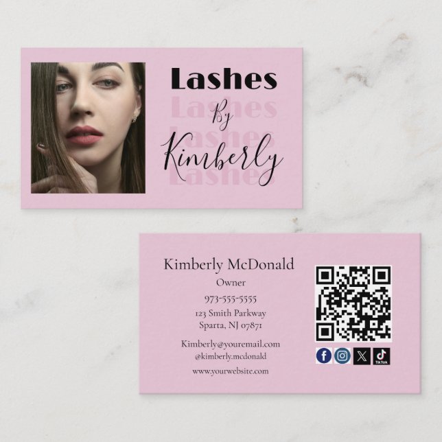 Blush Pink Script Social Icon QR Code Photo Lashes Visitkort (Fram/baksida)