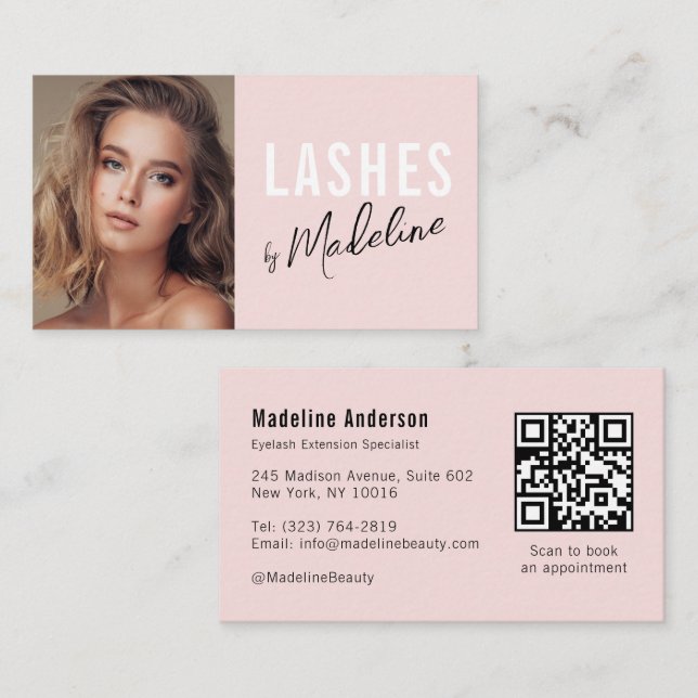 Blush Pink Script Social Icon QR Code Photo Lashes Visitkort (Fram/baksida)