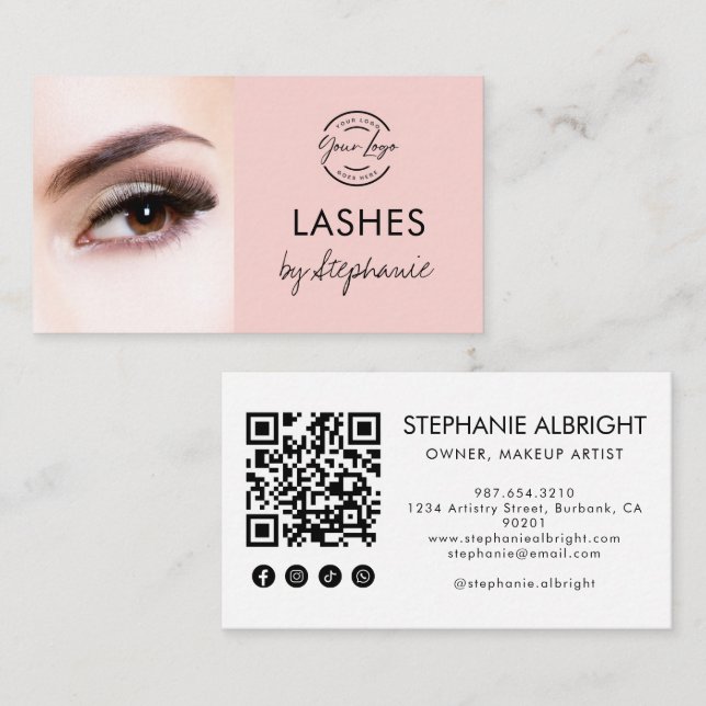 Blush Pink Script Social Icon QR Code Photo Lashes Visitkort (Fram/baksida)