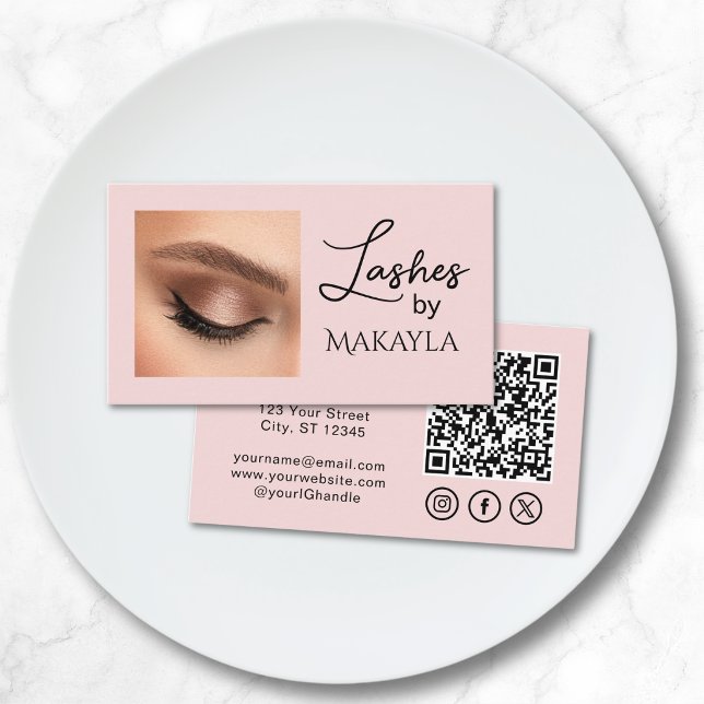 Blush Pink Script Social Icon QR Code Photo Lashes Visitkort (Skapare uppladdad)