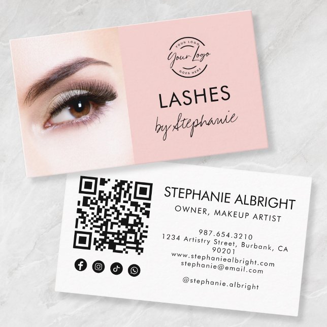 Blush Pink Script Social Icon QR Code Photo Lashes Visitkort (Skapare uppladdad)
