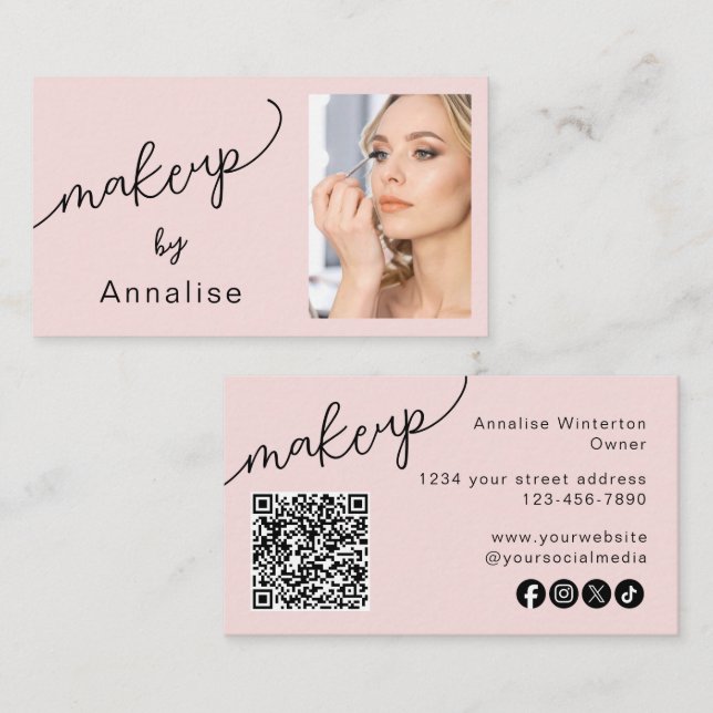 Blush Pink Script Social Icon QR Code Photo Makeup Visitkort (Fram/baksida)