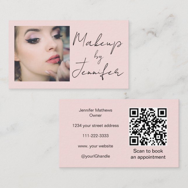 Blush Pink Script Social Icon QR Code Photo Makeup Visitkort (Fram/baksida)