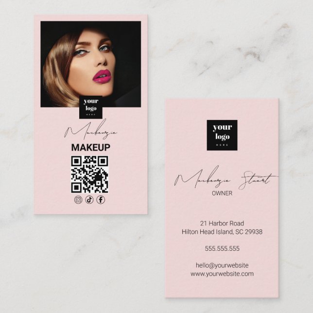 Blush Pink Script Social Icon QR Code Photo Makeup Visitkort (Fram/baksida)