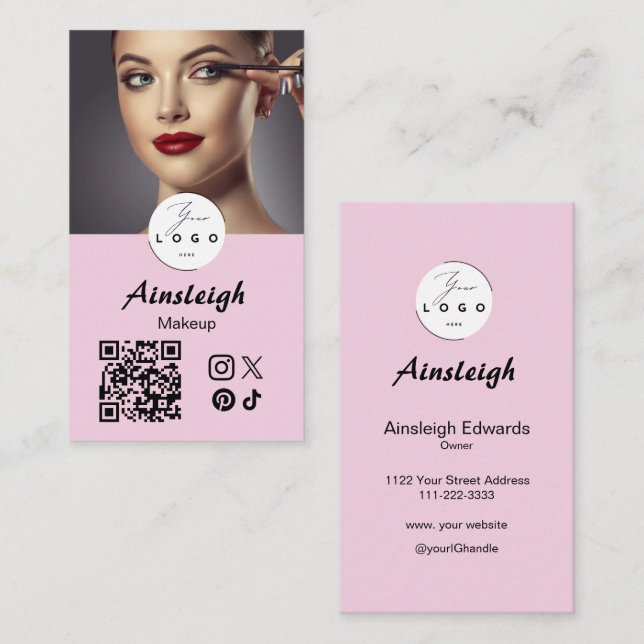 Blush Pink Script Social Icon QR Code Photo Makeup Visitkort (Fram/baksida)