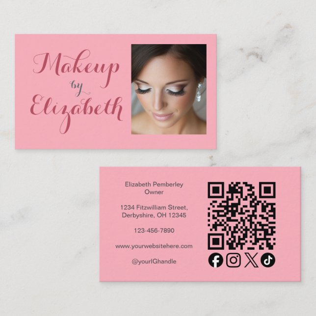 Blush Pink Script Social Icon QR Code Photo Makeup Visitkort (Fram/baksida)