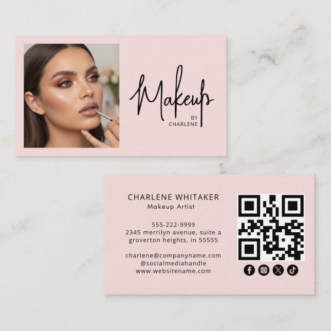 Blush Pink Script Social Icon QR Code Photo Makeup Visitkort (Fram/baksida)