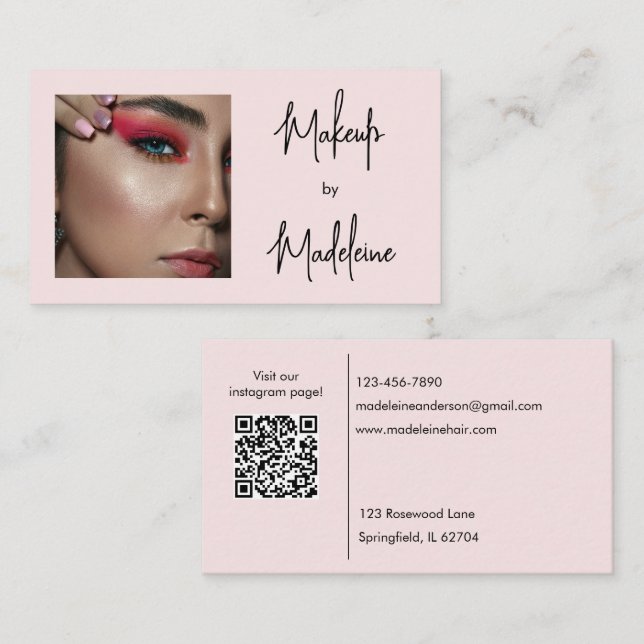 Blush Pink Script Social Icon QR Code Photo Makeup Visitkort (Fram/baksida)