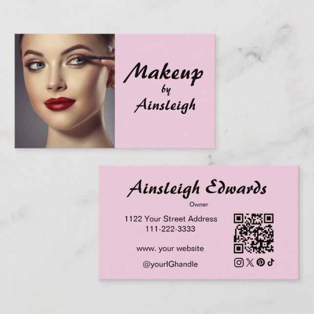 Blush Pink Script Social Icon QR Code Photo Makeup Visitkort (Fram/baksida)