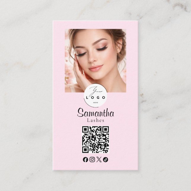 Blush Pink Script Social Icon QR Code Photo Makeup Visitkort (Framsida)