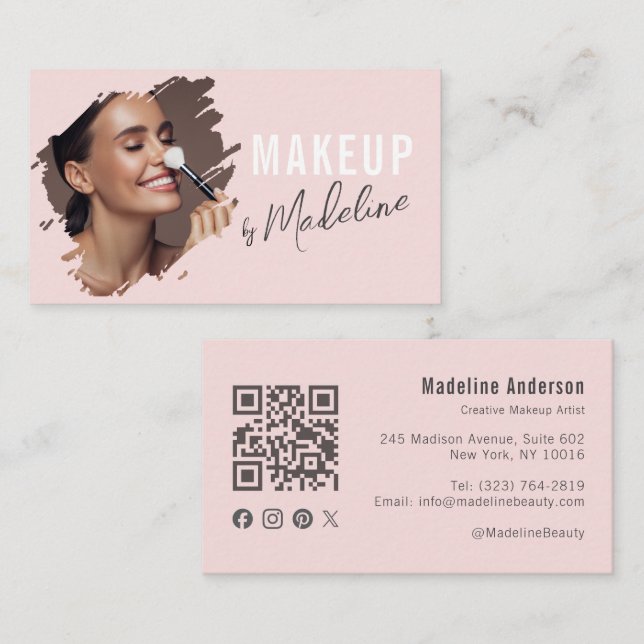 Blush Pink Script Social Icon QR Code Photo Makeup Visitkort (Fram/baksida)