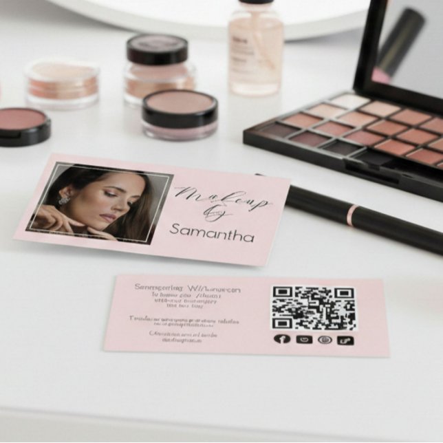 Blush Pink Script Social Icon QR Code Photo Makeup Visitkort (Skapare uppladdad)
