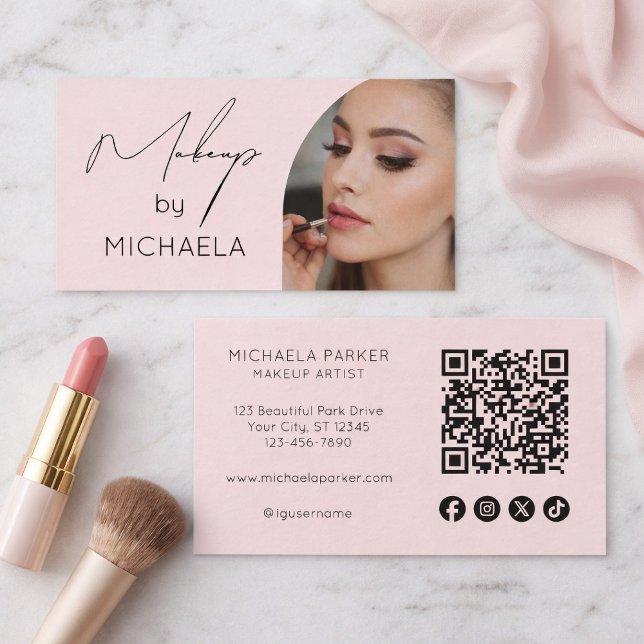 Blush Pink Script Social Icon QR Code Photo Makeup Visitkort (Skapare uppladdad)