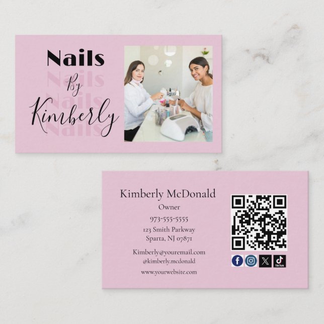 Blush Pink Script Social Icon QR Code Photo Nails Visitkort (Fram/baksida)