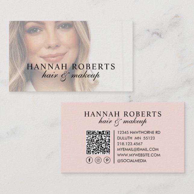 Blush Pink Script Social QR Code Photo Hair Makeup Visitkort (Fram/baksida)