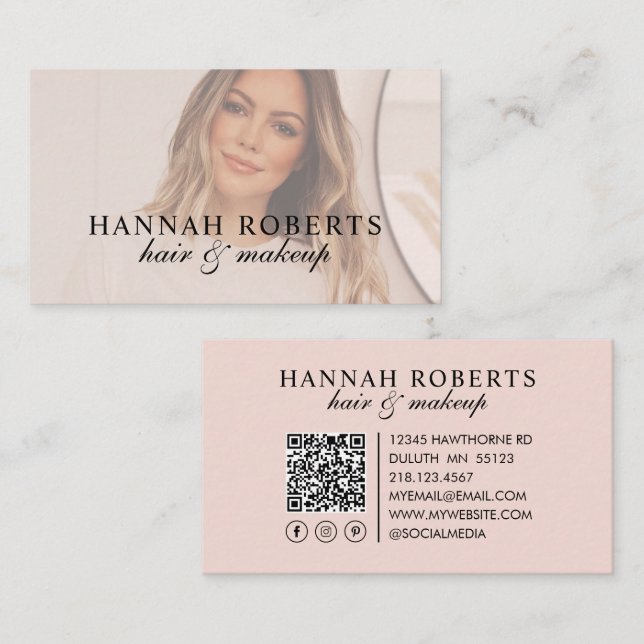 Blush Pink Script Social QR Code Photo Hair Makeup Visitkort (Fram/baksida)