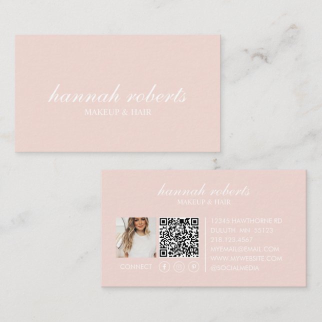 Blush Pink Script Social QR Code Photo Hair Makeup Visitkort (Fram/baksida)