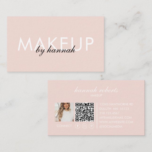 Blush Pink Script Social QR Code Photo Makeup Visitkort (Fram/baksida)