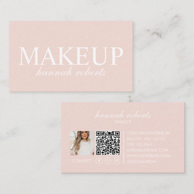 Blush Pink Script Social QR Code Photo Makeup Visitkort (Fram/baksida)